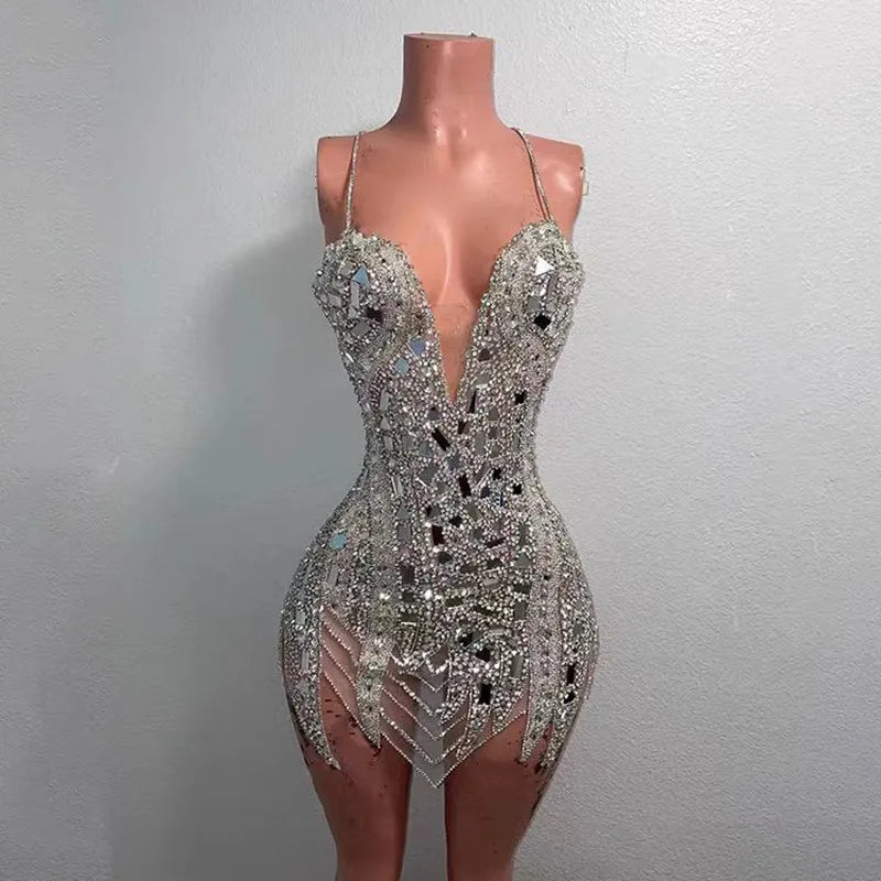 Silver Mirror Rhinestones Tight Short Dress