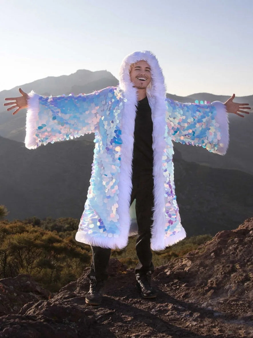LED Sequins Long Hooded Festival Faux Fur Coat