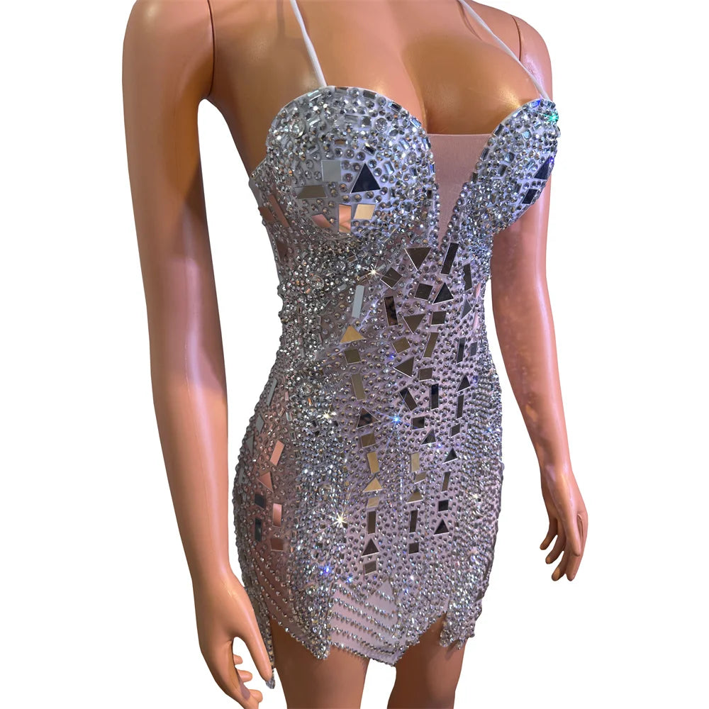 Silver Mirror Rhinestones Tight Short Dress