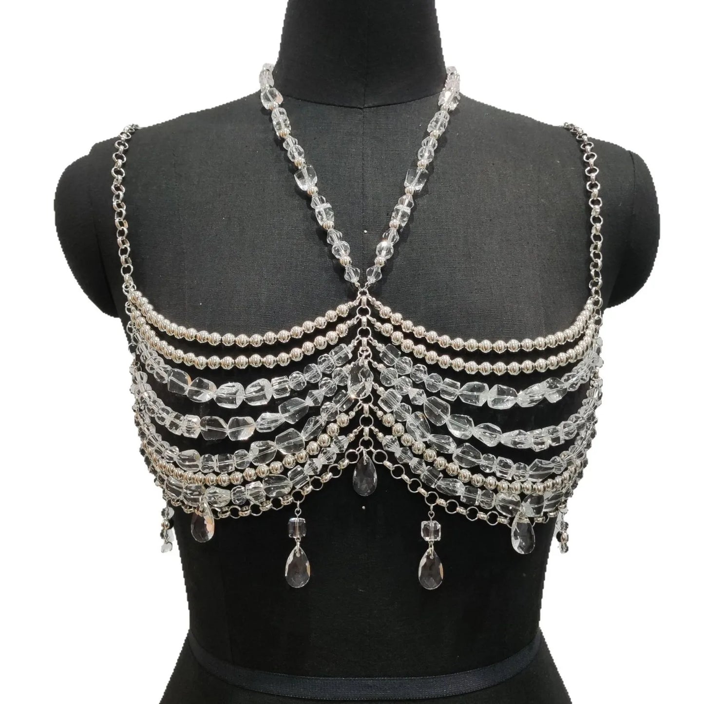 Music Festival Outfits Bralette Chains See-Though Pearl Vest