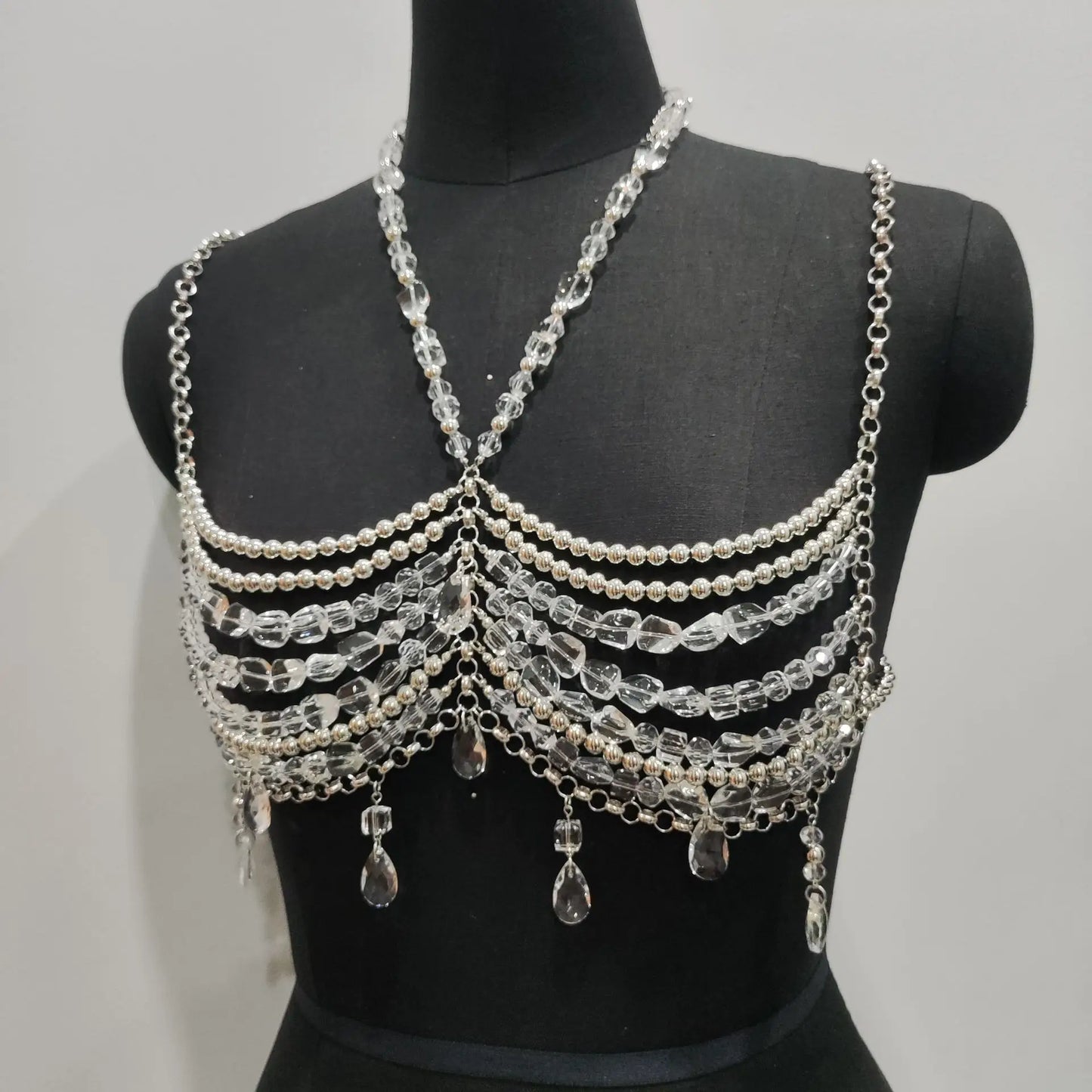 Music Festival Outfits Bralette Chains See-Though Pearl Vest