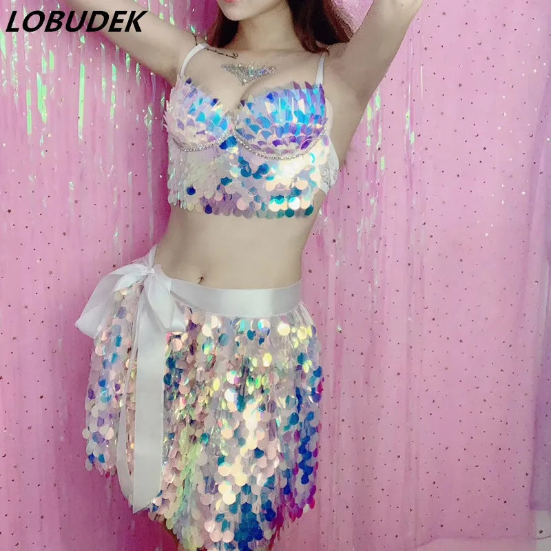 Sexy Shiny Sequins Bra Skirt 2 Pieces Set