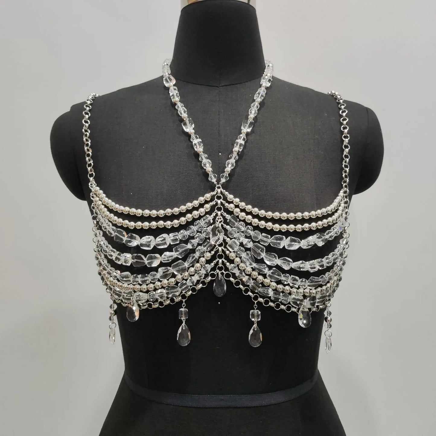 Music Festival Outfits Bralette Chains See-Though Pearl Vest