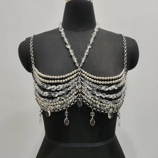Music Festival Outfits Bralette Chains See-Though Pearl Vest