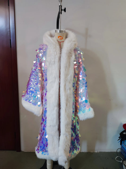 LED Sequins Long Hooded Festival Faux Fur Coat