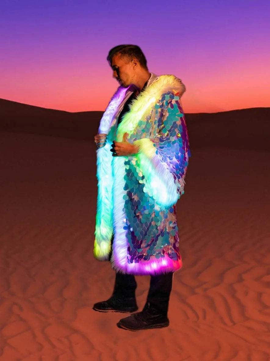 LED Sequins Long Hooded Festival Faux Fur Coat