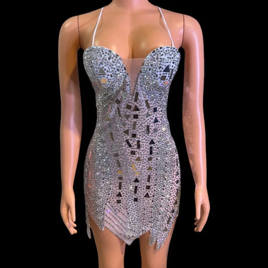 Silver Mirror Rhinestones Tight Short Dress
