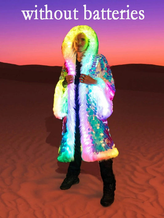 LED Sequins Long Hooded Festival Faux Fur Coat