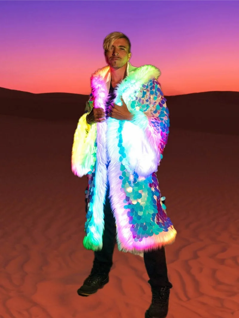LED Sequins Long Hooded Festival Faux Fur Coat