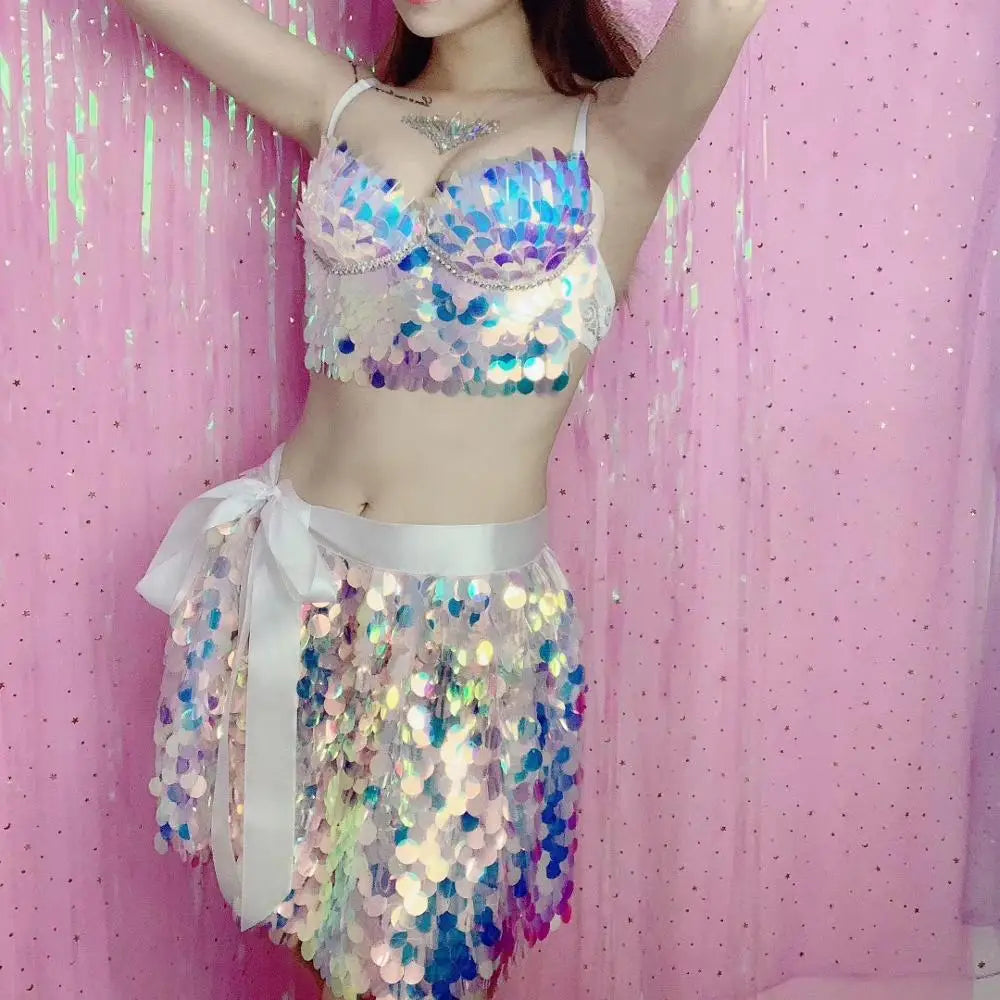 Sexy Shiny Sequins Bra Skirt 2 Pieces Set