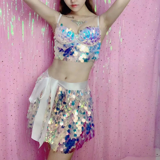 Sexy Shiny Sequins Bra Skirt 2 Pieces Set