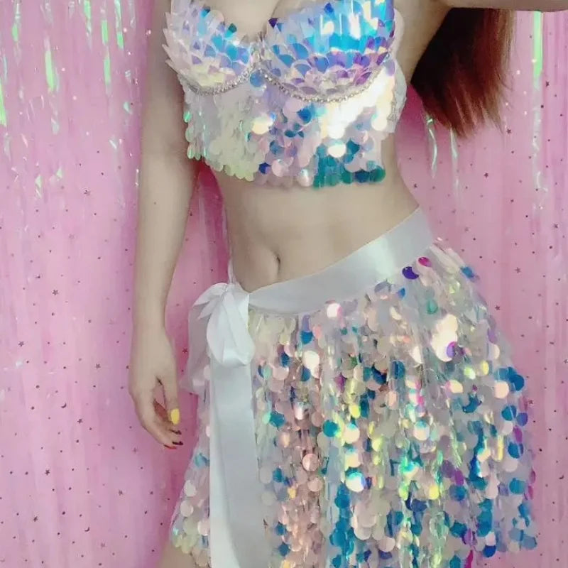 Sexy Shiny Sequins Bra Skirt 2 Pieces Set