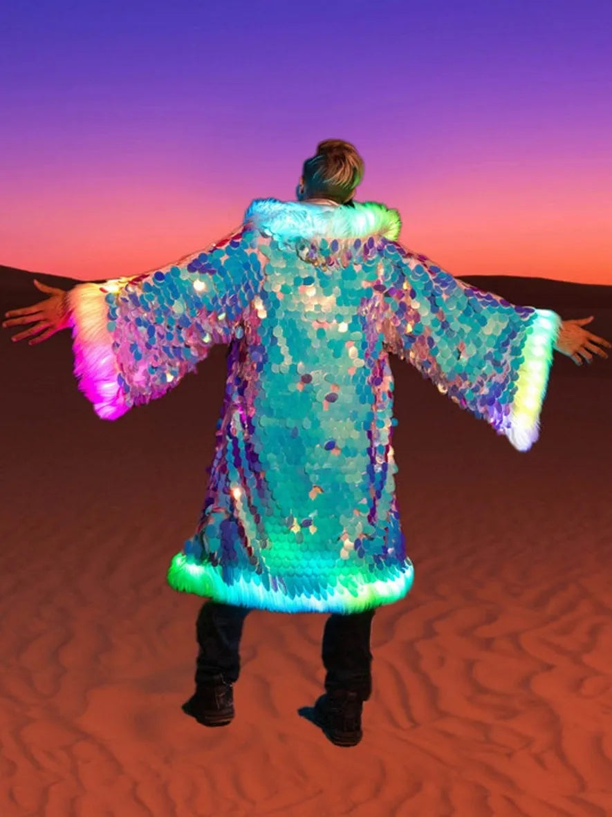 LED Sequins Long Hooded Festival Faux Fur Coat
